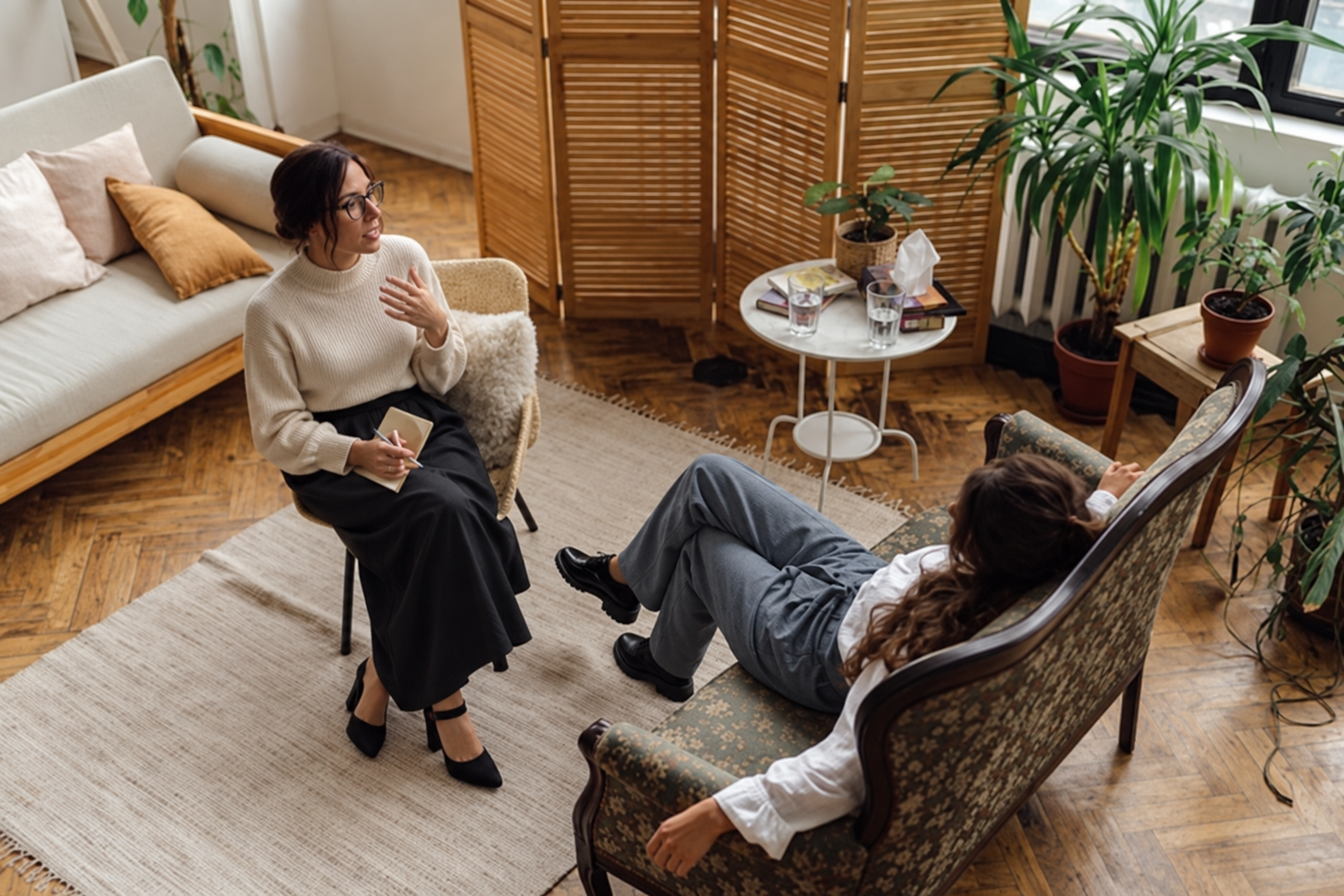 Twee mensen in gesprek in een rustige ruimte